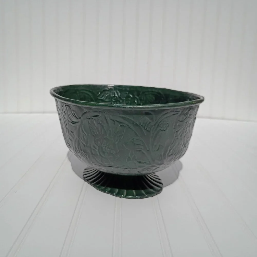 Vintage Floral Embossed Green Metal Oval Planter Cast Brass Pedestal Bowl MCM